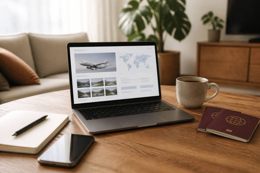 Reiziger vergelijkt vakanties op een laptop met notitieboek en paspoorten op tafel