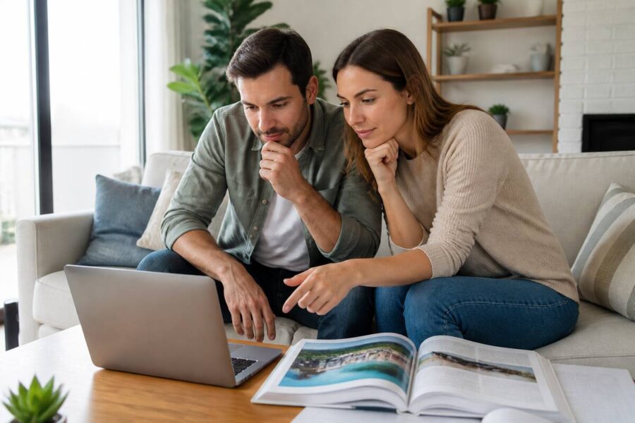 Stel dat op een laptop vakantie-opties vergelijkt met reisgids en notitieboek