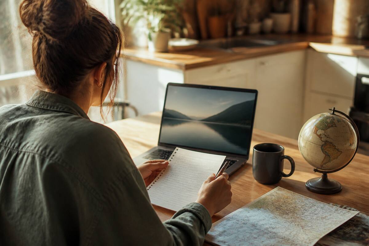 Iemand vergelijkt reizen en vakanties op een laptop aan de keukentafel