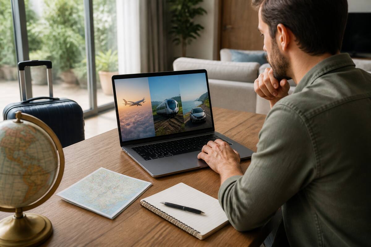 Iemand vergelijkt reisopties op een laptop met een notitieboek en pen