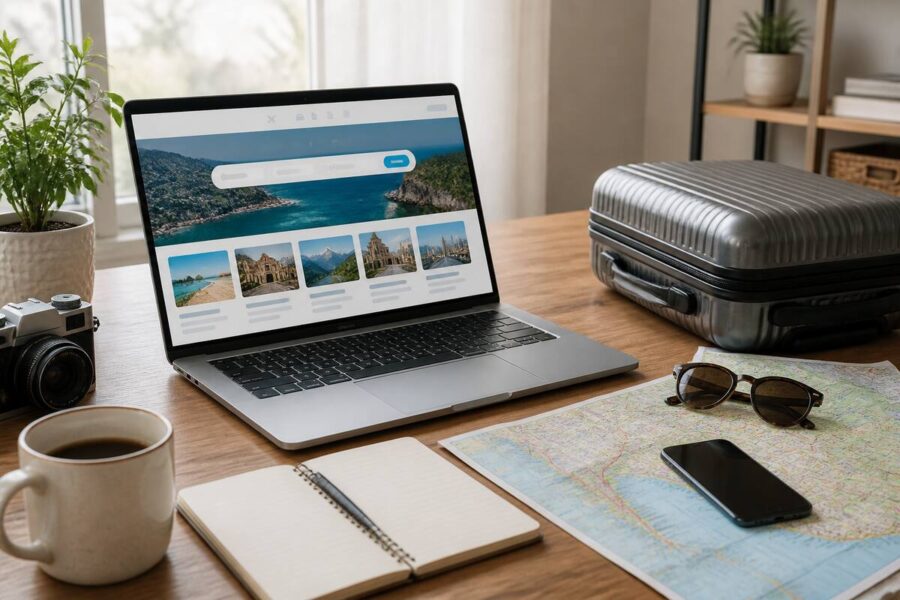 Reizen plannen en vakanties vergelijken aan een bureau met laptop, kaart en koffertje