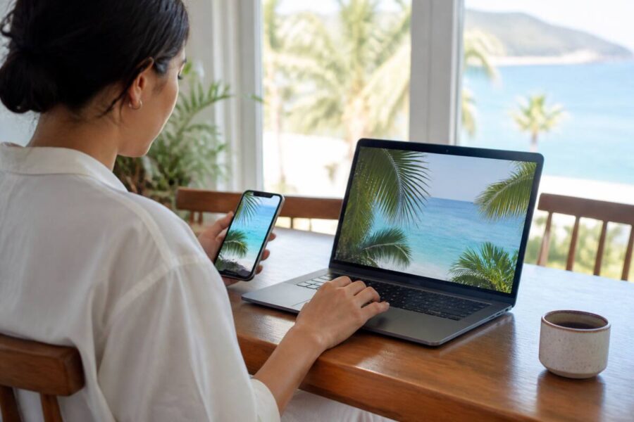 Reisopties vergelijken op laptop en smartphone voor een vakantie
