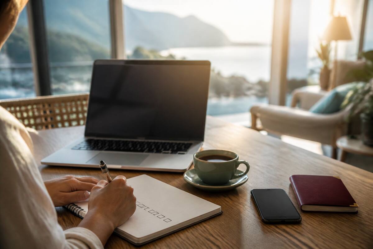 Vakanties vergelijken met een checklist aan tafel, met laptop en notities