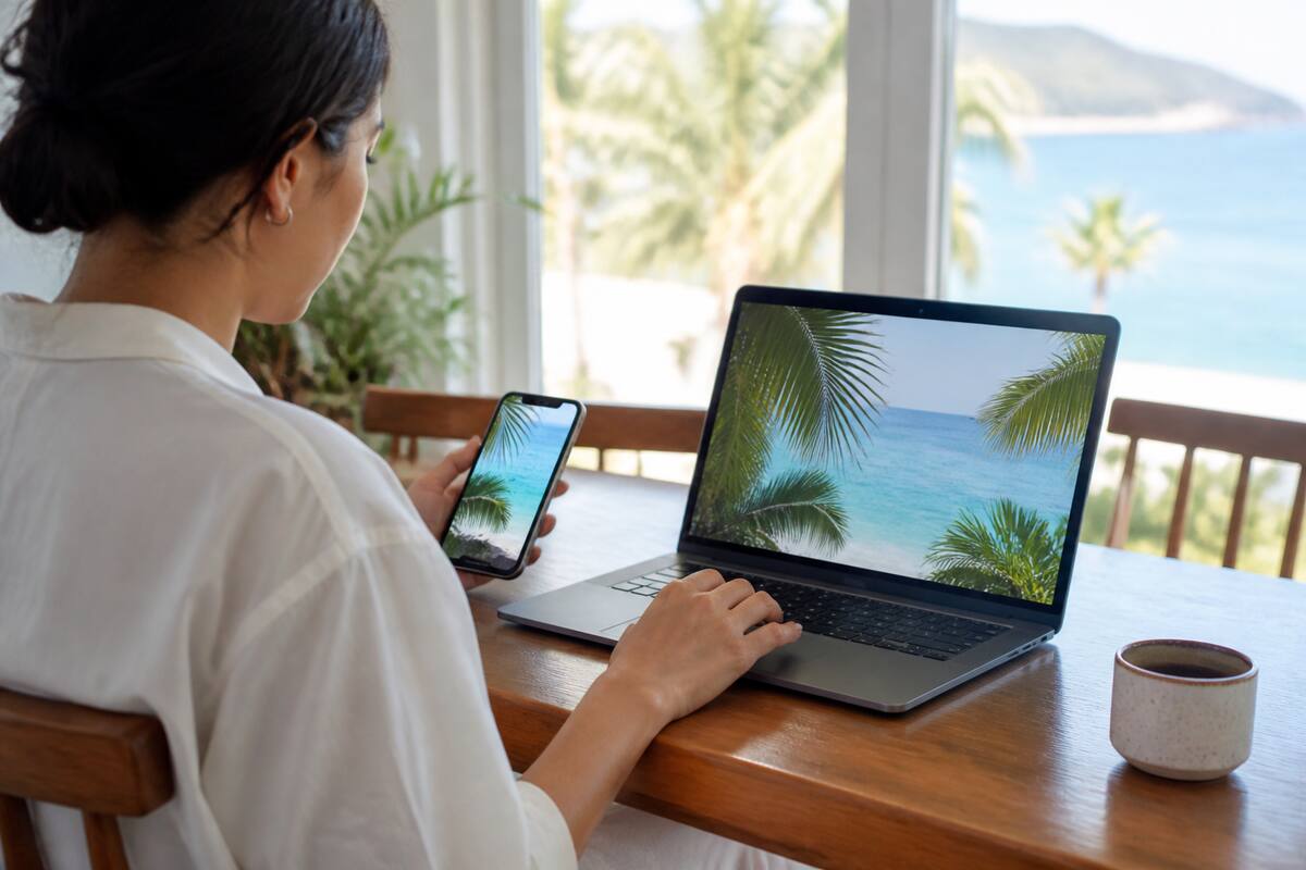 Reisopties vergelijken op laptop en smartphone voor een vakantie